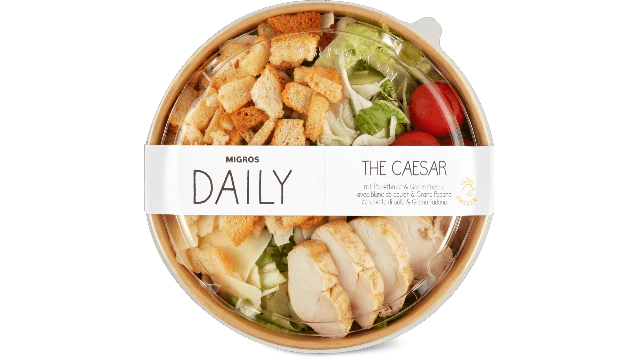 Produktbild des zurückgerufenen «Migros Daily Salat Caesar mit Pouletbrust & Grana Padano», aus der Rückrufmitteilung der Migros vom 15.10.2026. In der Mitteilung steht kein eigener Credit; watson verwendet für das Bild den Credit «Bild: Migros».